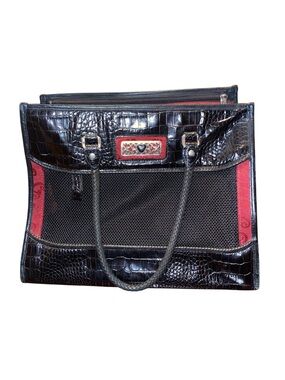 Brighton Black Croc-Embossed Small Pet Carrier with Red Trim and Mesh Front